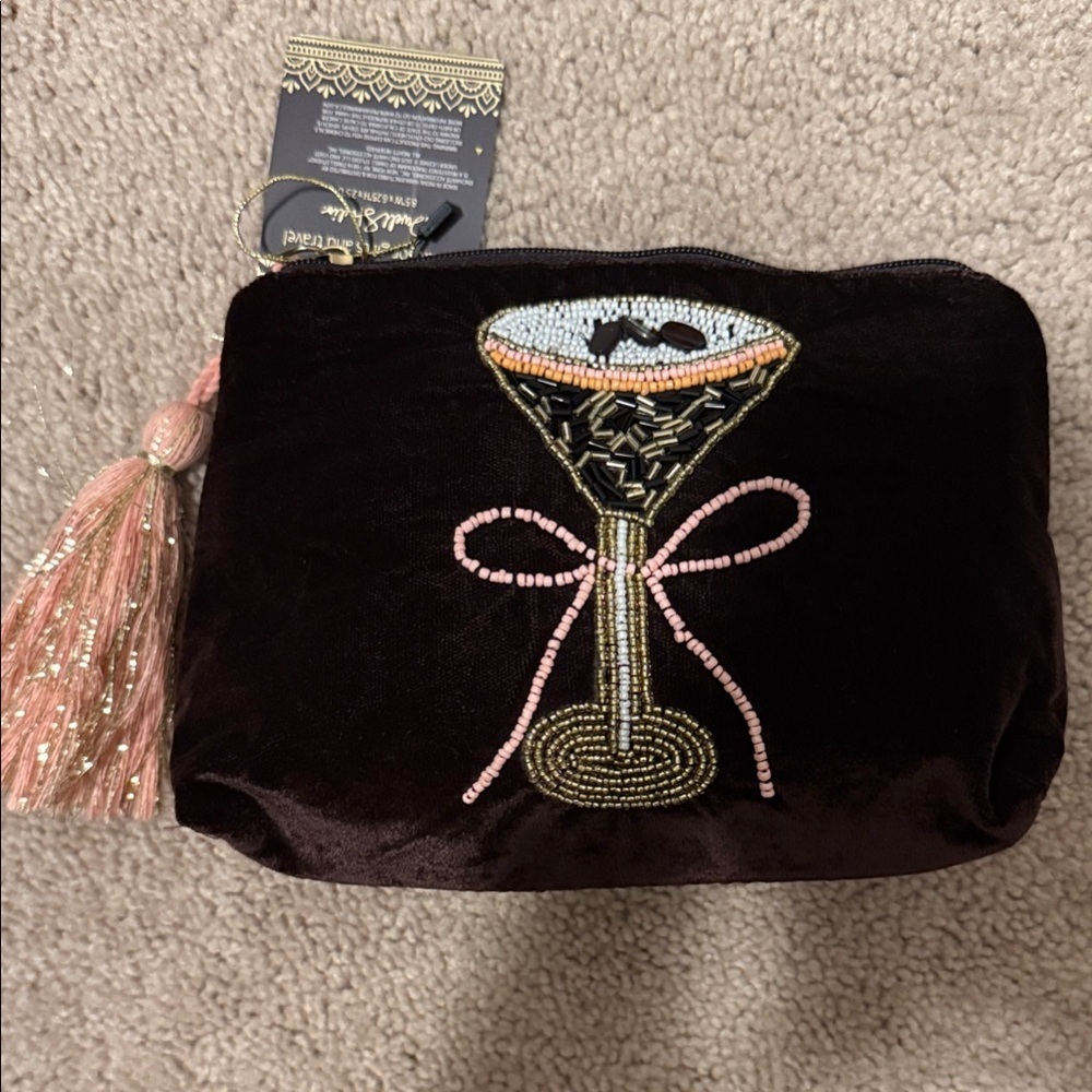 Brown Espresso Martini Velvet Cosmetic Bag with Beaded Cocktail Design Pink New - Picture 1 of 8